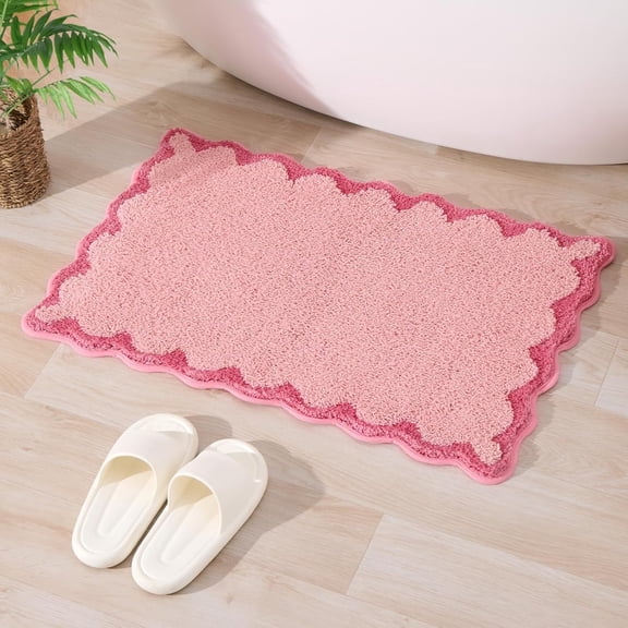 Pink Scalloped Bath Mat – Cute Plush Microfiber Bathroom Rug with Non-Slip Backing, Quick Dry, Absorbent, and Machine Washable – Perfect for Shower, Vanity, or Kitchen