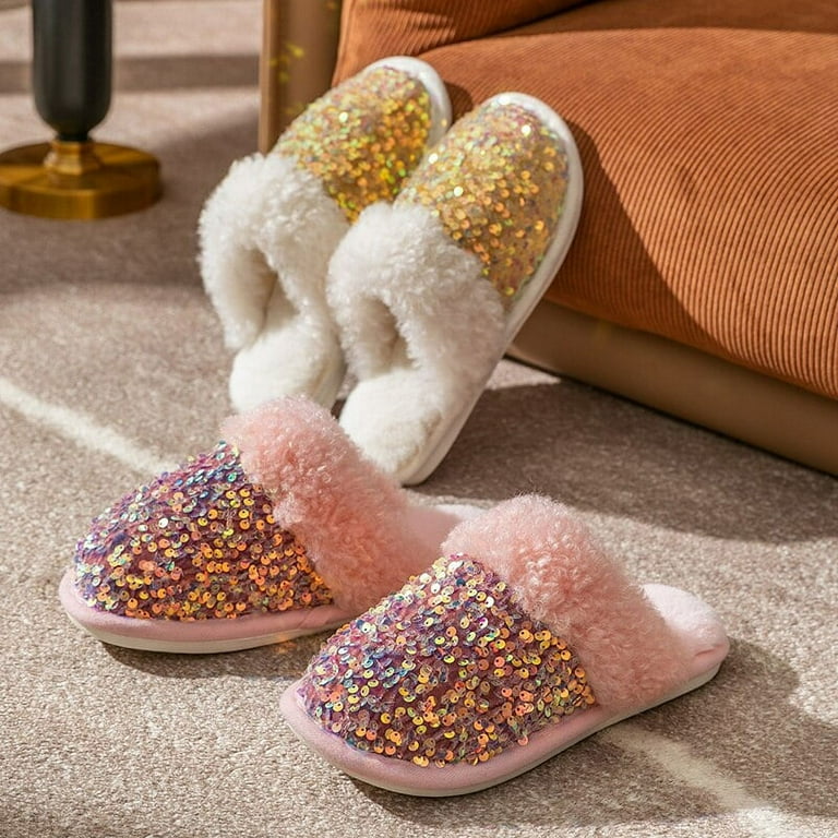 CoCopeaunt Shining Sequins Fluffy Slippers Women Winter Short