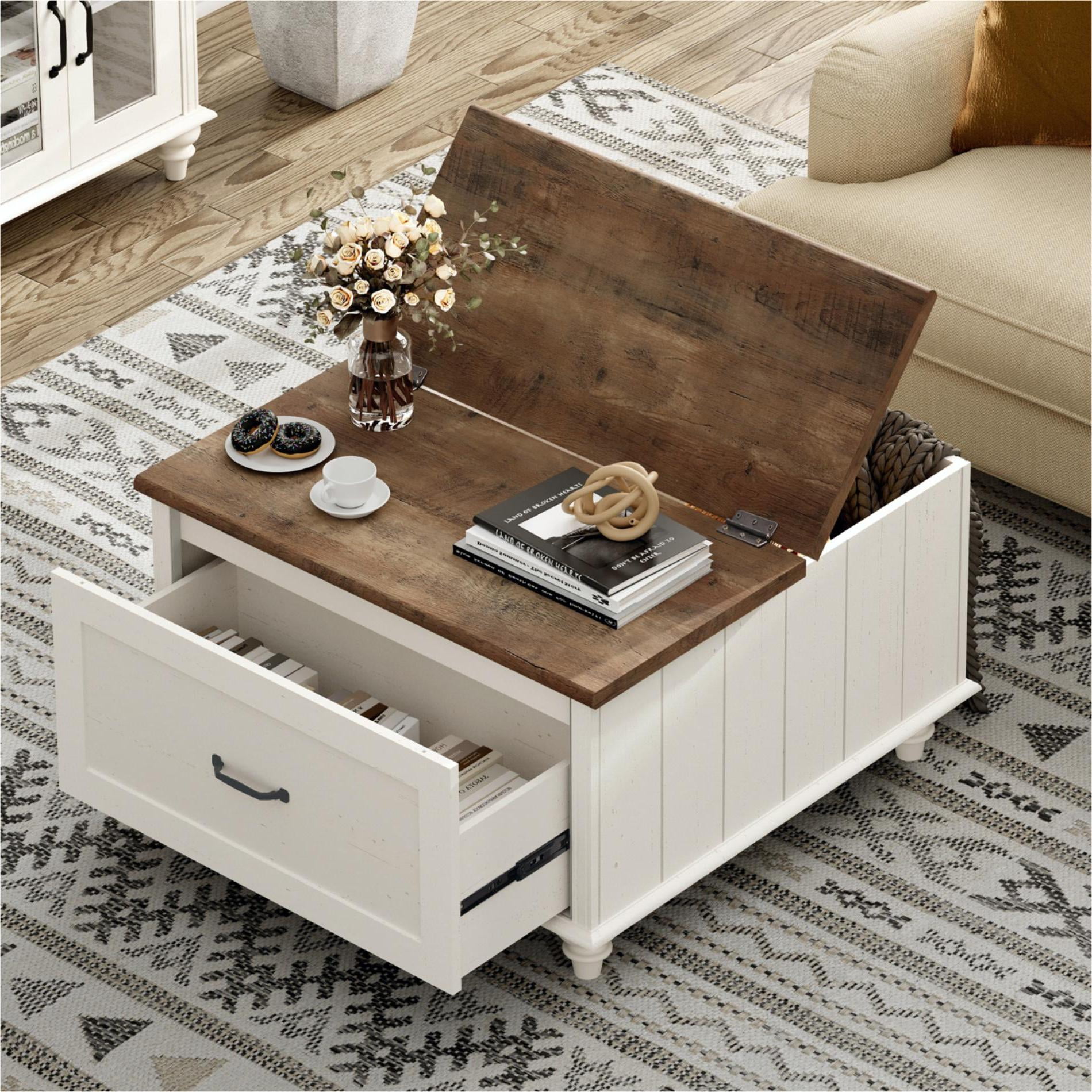 FITUEYES Farmhouse Lift Top Square Wooden Coffee Table, White