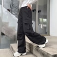 thumbnail image 2 of WhouRiu Girls Casual Cargo Pants Solid Color Elastic Waist Baggy Wide Leg Pants Kids Comfortable Daily Trousers With Pockets,11-12 Years, 2 of 5