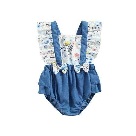 

ELF 1-4Y Toddler Girl Romper Summer Fly Sleeve Square Neck Floral Print Short Bodysuit Tops for Streetwear Blue