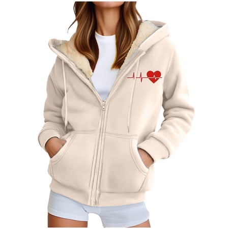 iHPH7 Fleece Hoodie Women Full Zip Hoodies for Women Warm Hoodies for Women Winter Clothing for Women Fleece Jacket Warm Jackets for Women Warm Winter Coats for Women Beige 3 5XL