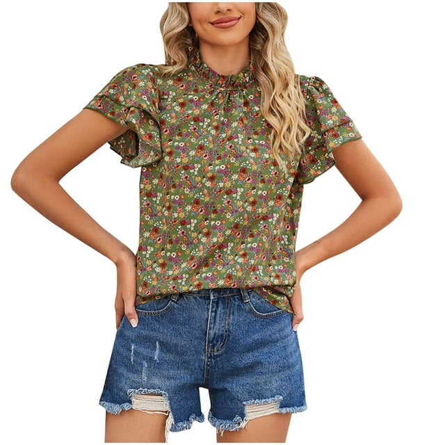 Birdeem Blouse Mode Femme Manches Courtes Col en V Ample Manches Bouffantes Imprimé