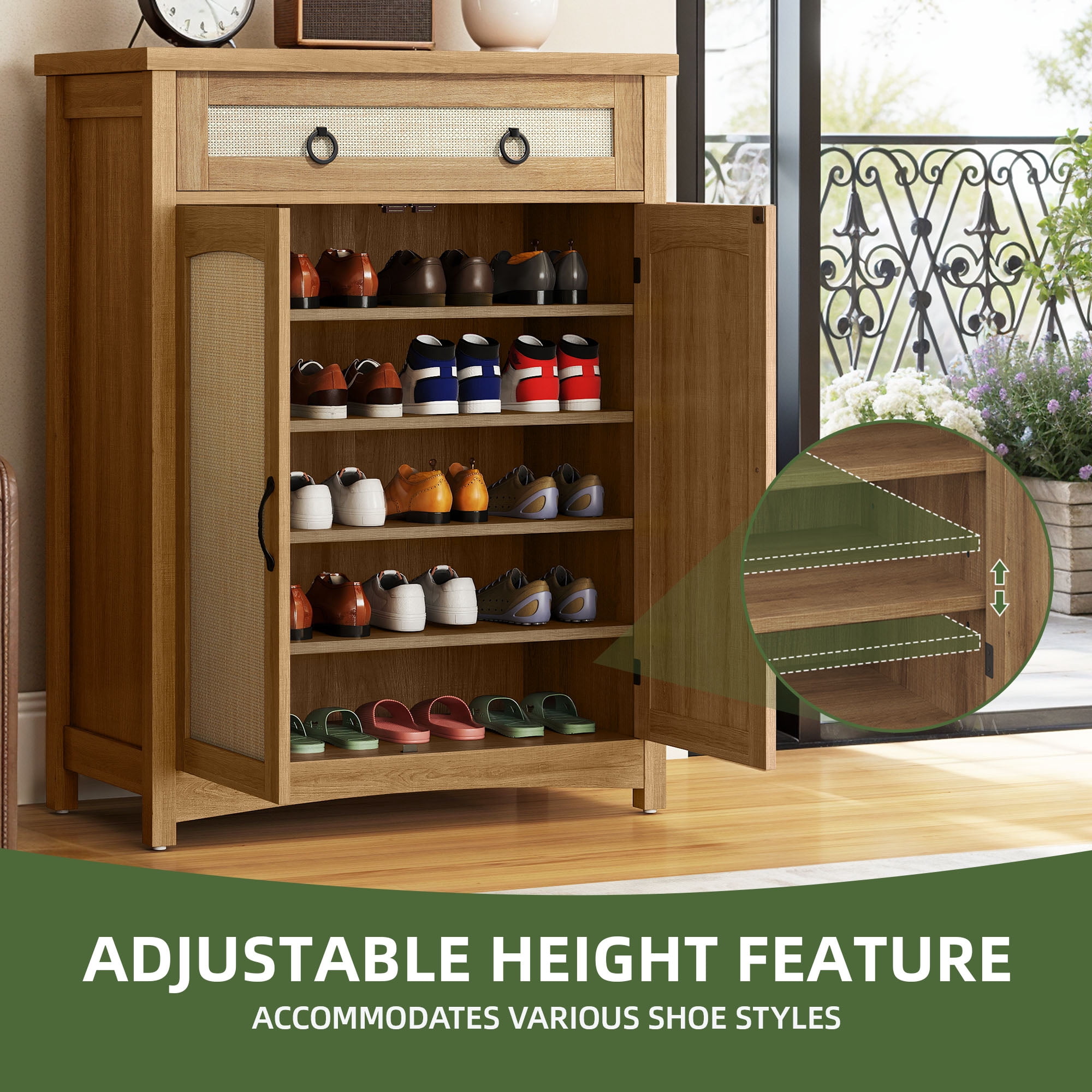 Uforic Shoe Cabinet with Drawers& Door, Rattan Freestanding Shoe Rack Organizer for Entryway, Oak