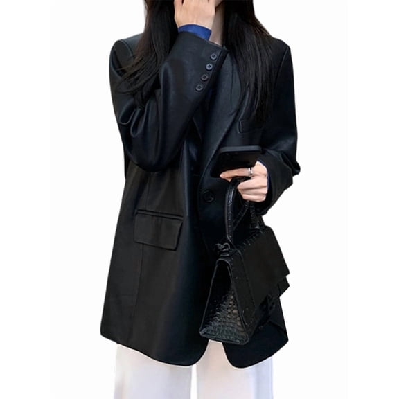 Womens PU Leather Blazer Loose Fit Jacket Casual Suit Coat for Women with Elegant Style Black M