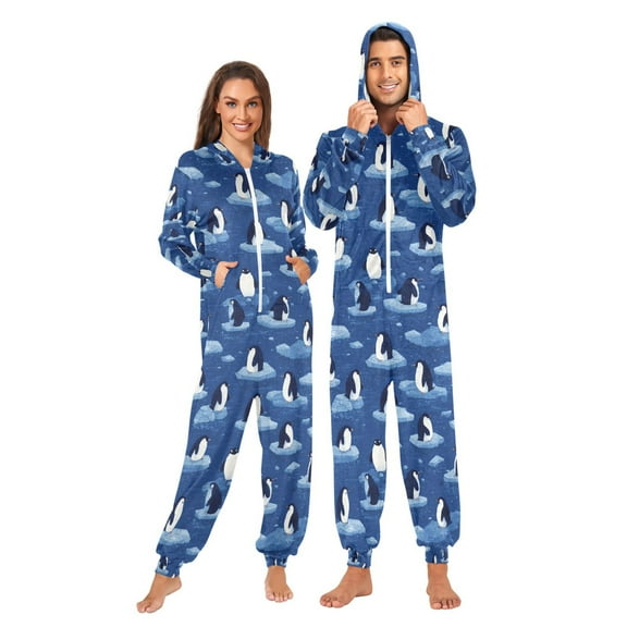 Adult Christmas Onesie Penguins on Ice Adult Zipper One-Piece Pajamas Unisex Pajamas with Pockets