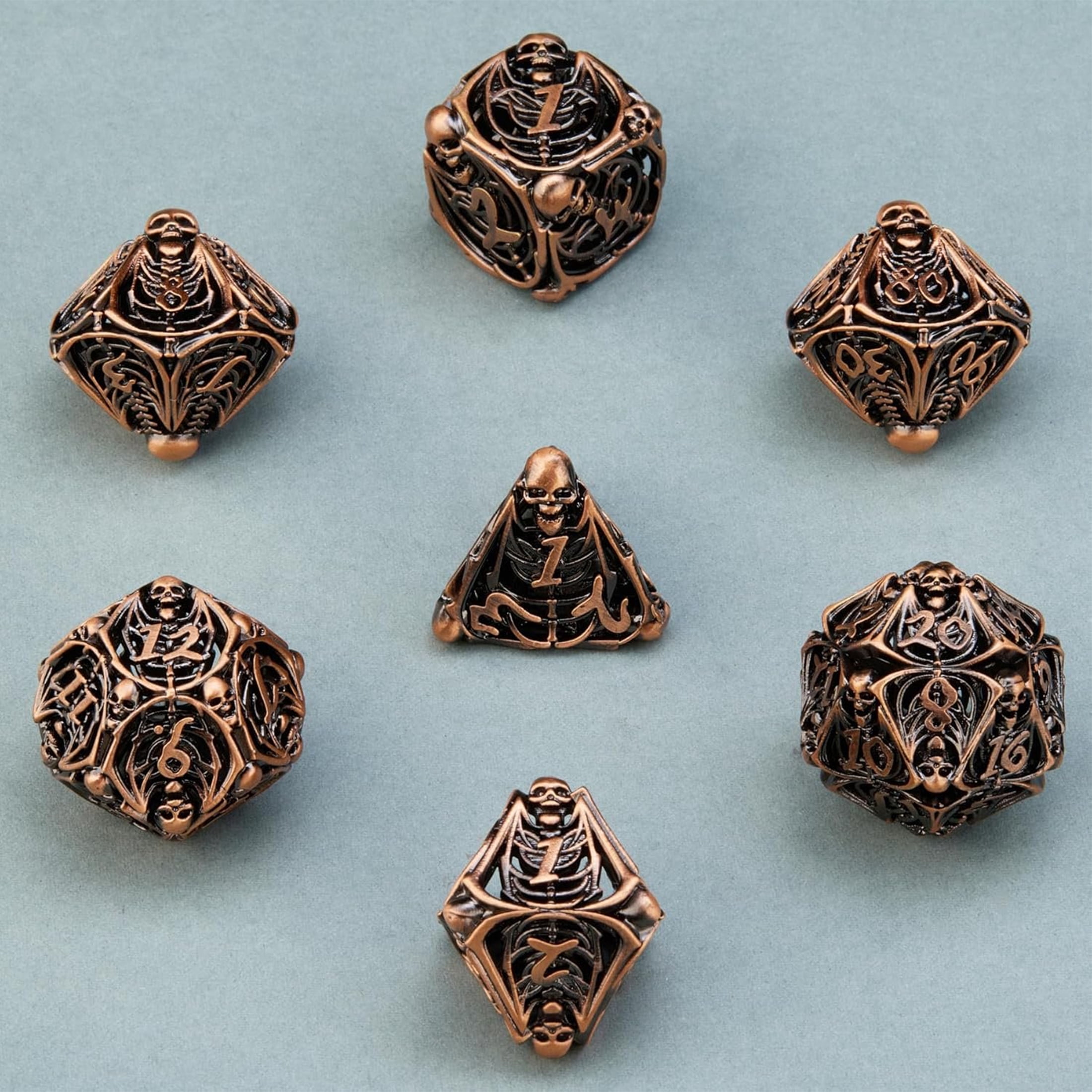 Hollow Skull DND Dice Set, Bronze, 7-Piece Metal Polyhedral Dice