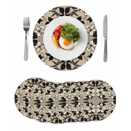 Black Floral Round 13 Inch Placemats Set of 6 Vintage Khaki Floral Retrp Plant Leaf HeatResistant Non Slip Place Mats for Dining Table Wipeable Braided Kitchen Table Mats for Housewarming