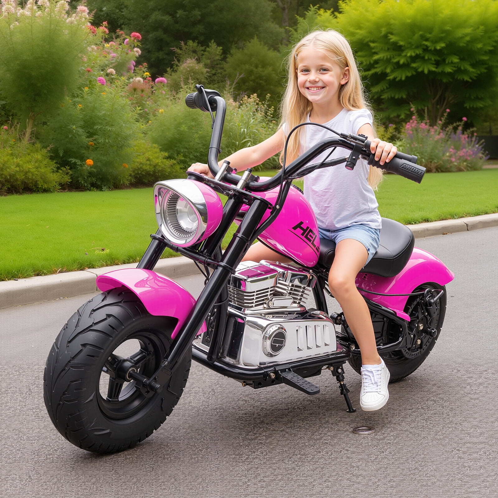 MUKIDY 24V Electric Dirt Bike for Kids, 250W Ride on Motorcycle with Twist Grip Throttle, Key Start, Music, Speed up to 12.4 mph, Age 8+, Pink