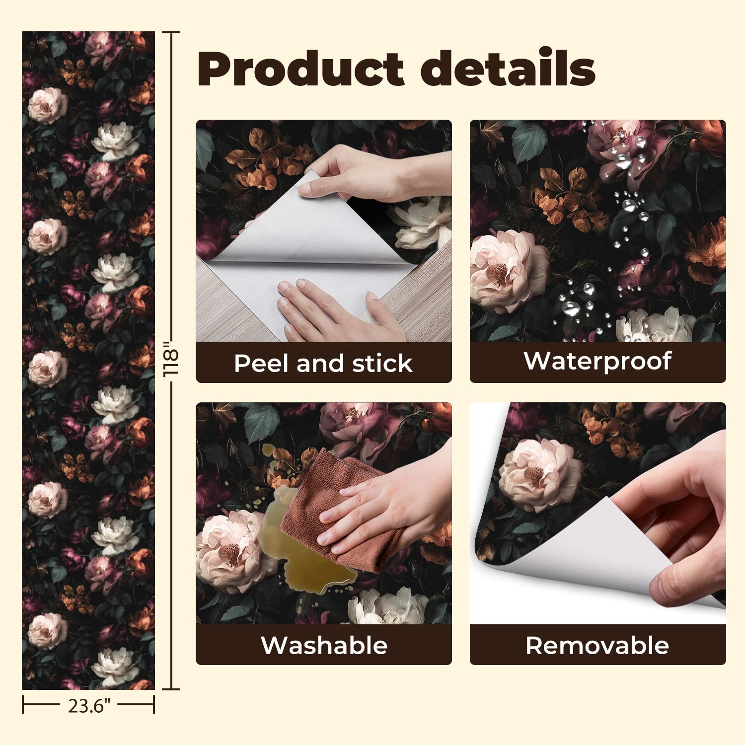 Peel and Stick Wallpaper Vintage Floral Soft Roses Dark Leaves Wall Mural 23.6in x 9.8ft Self Adhesive Removable Wall Paper Renter Friendly Wallpaper for Nursery Kitchen Bedroom Cabinets