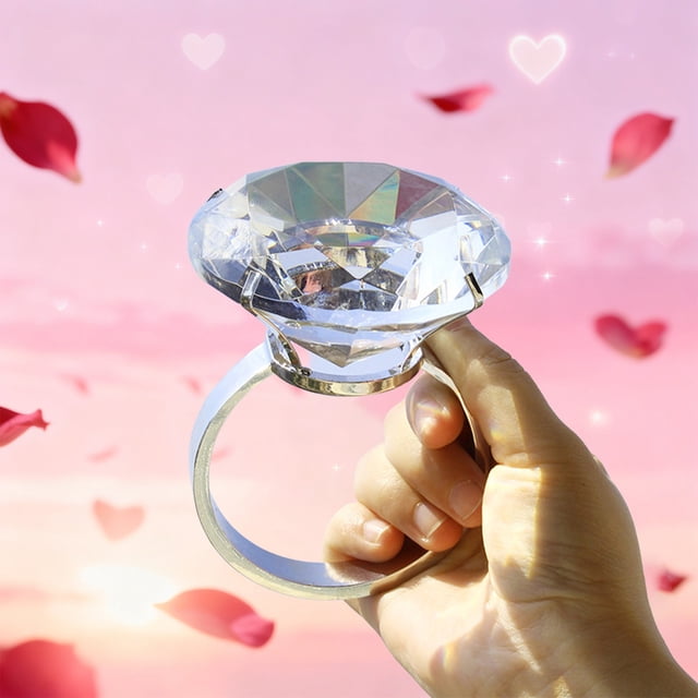 Anillo de diamante falso, gran anillo de cristal artificial, anillo de compromiso simulado transparente, regalo de propuesta, accesorio de boda | Bisutería extragrande para cumpleaños y aniversarios