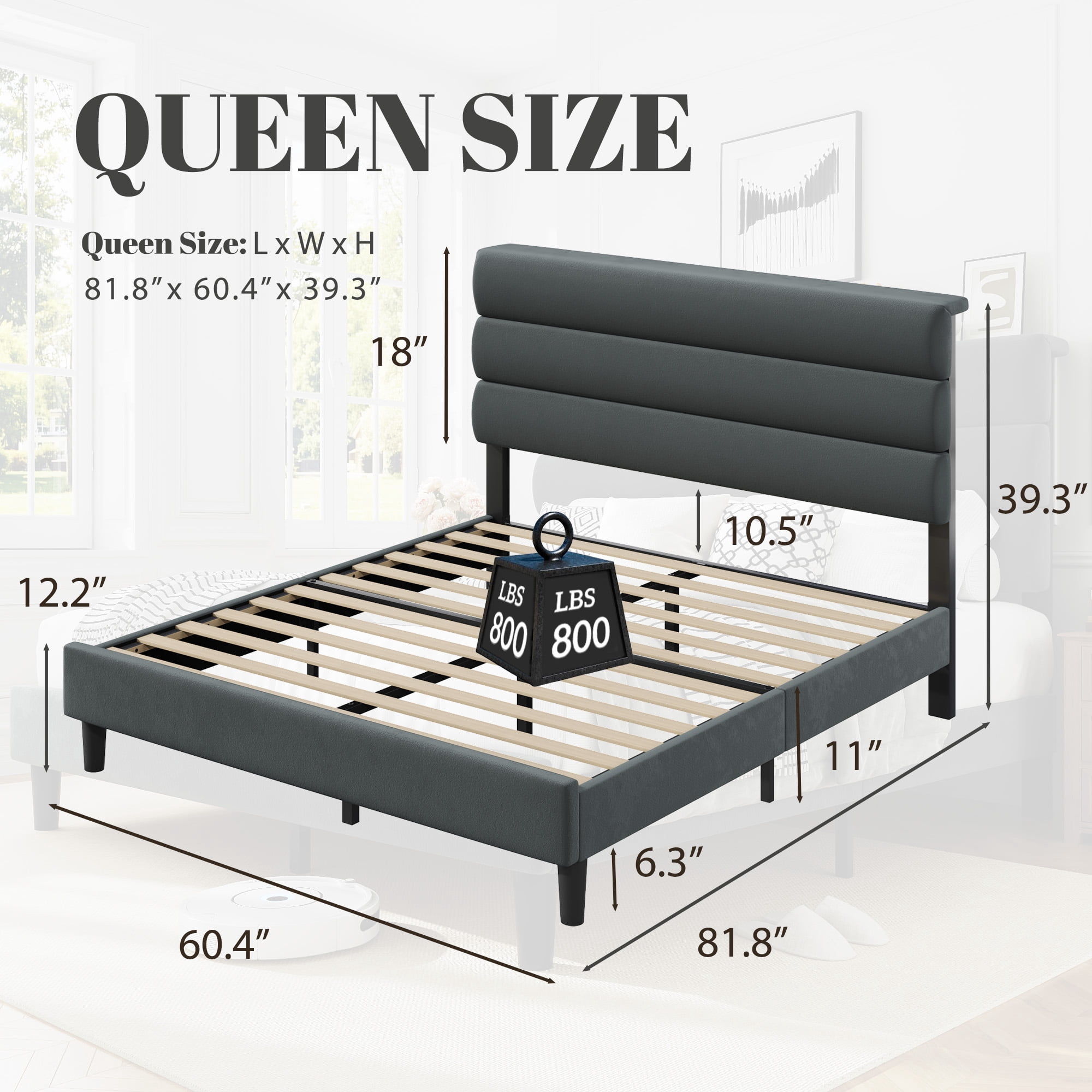 Bolvdo Queen Bed Frame with Velvet Upholstered Headboard, Metal Support, No Box Spring Needed, Noise Free, Easy Assembly, Grey