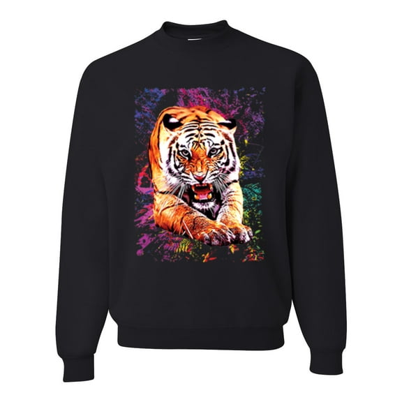 Wild Bobby, Tiger Growling Colorful Trippy Tie Dye Animal Lover Unisex Crewneck Graphic Sweatshirt, Black, Small