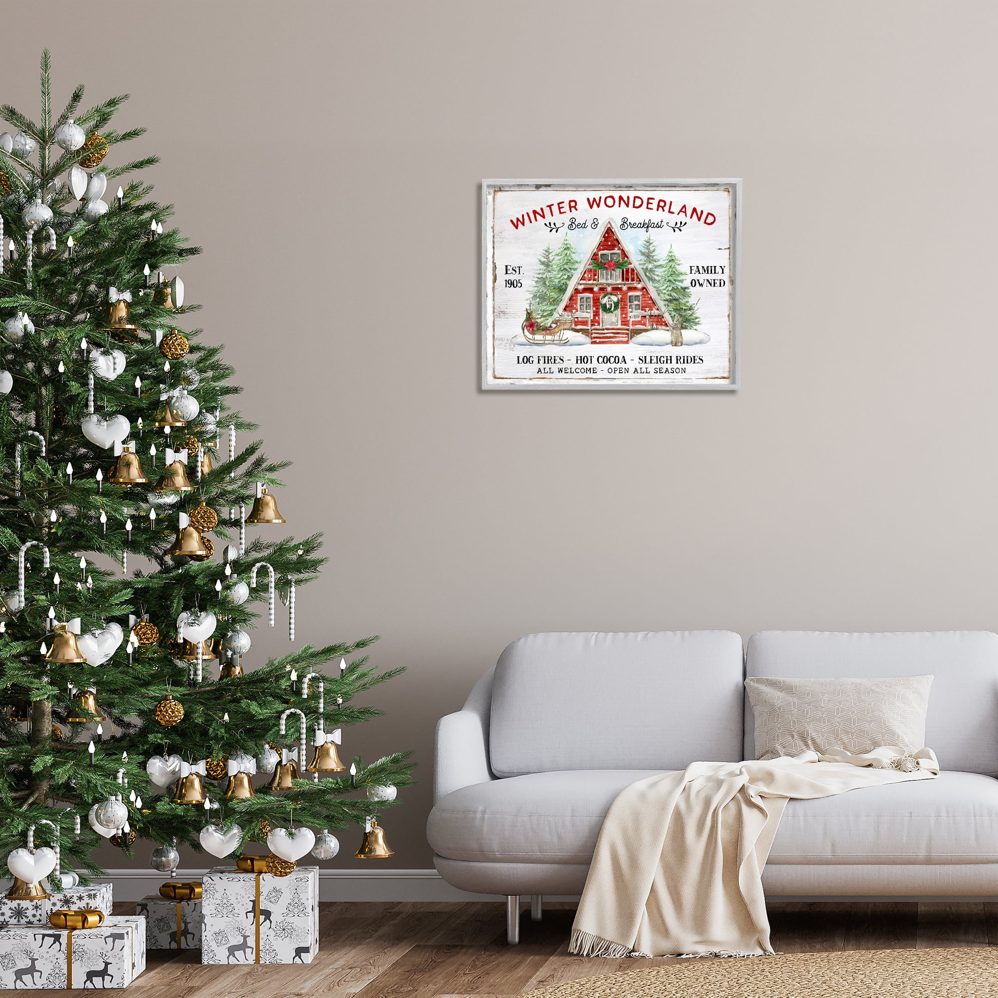 Stupell Industries Wonderland Christmas Cabin Holiday Painting Gray Framed Art Prints Wall Art, 30 x 24