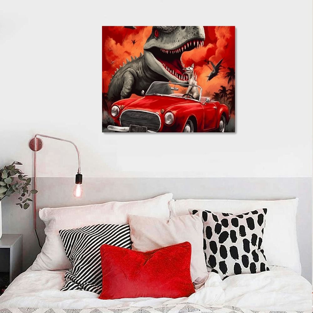 JRXY  Dinosaur Decor Funny Paintings For Boys Kids Room Wall Decorations Funny T-rex Driving Red Car Painting Pictures Canvas Prints 20x16in