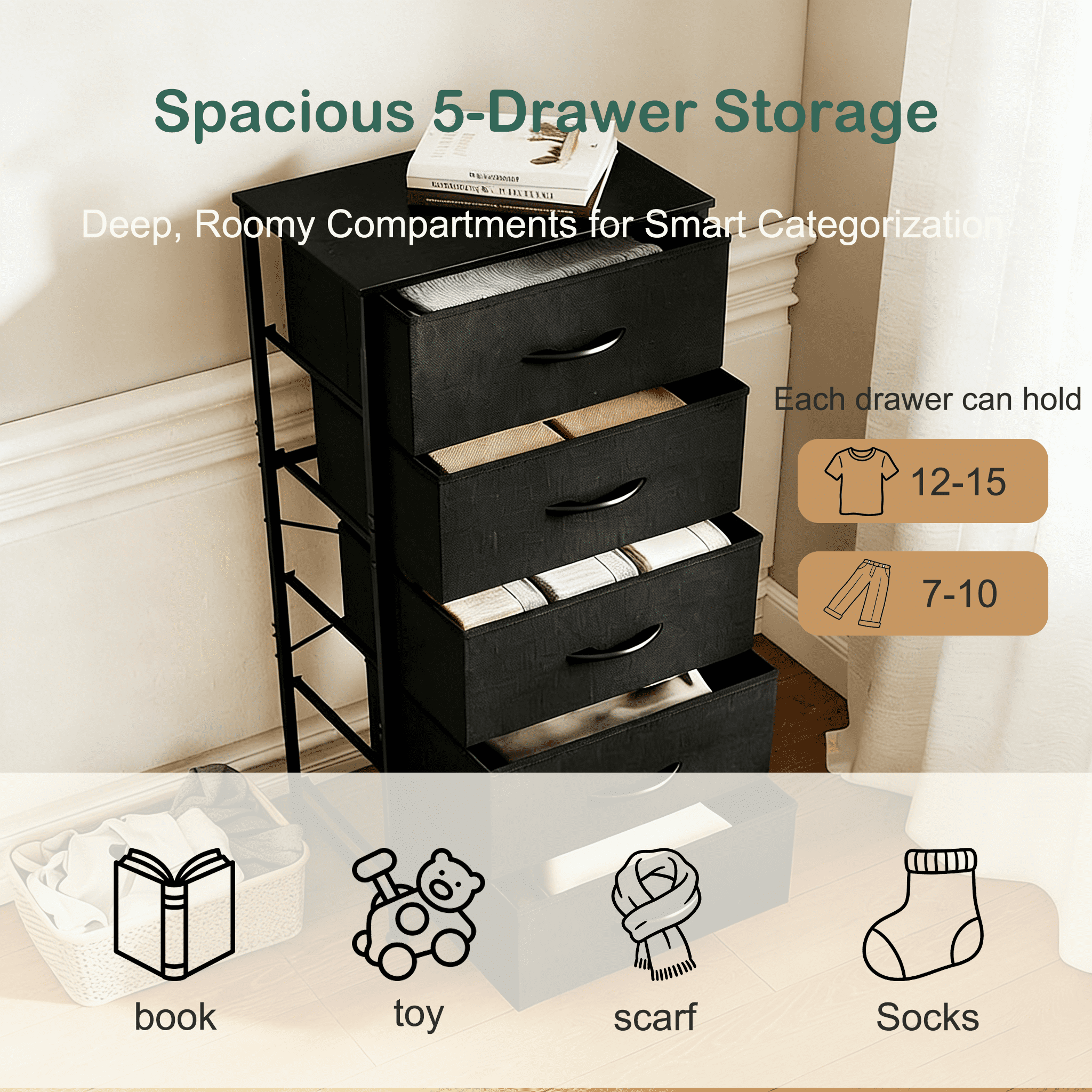 Aidoly 5-Tier Fabric Drawer Storage Organizer with Solid Surface Top - Multi-Functional Bedside & Room Organizer, Black