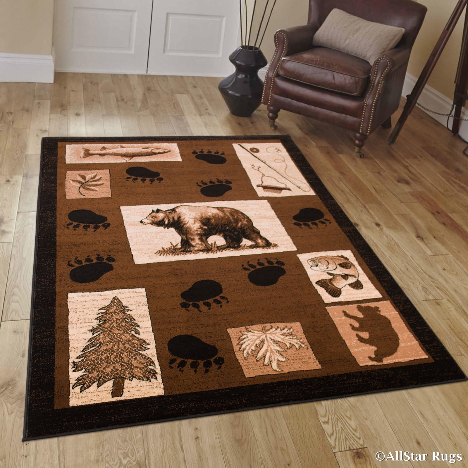 Brown Bear Wildlife Nature Paw Prints Fishing Rod Area Rug (3' 9