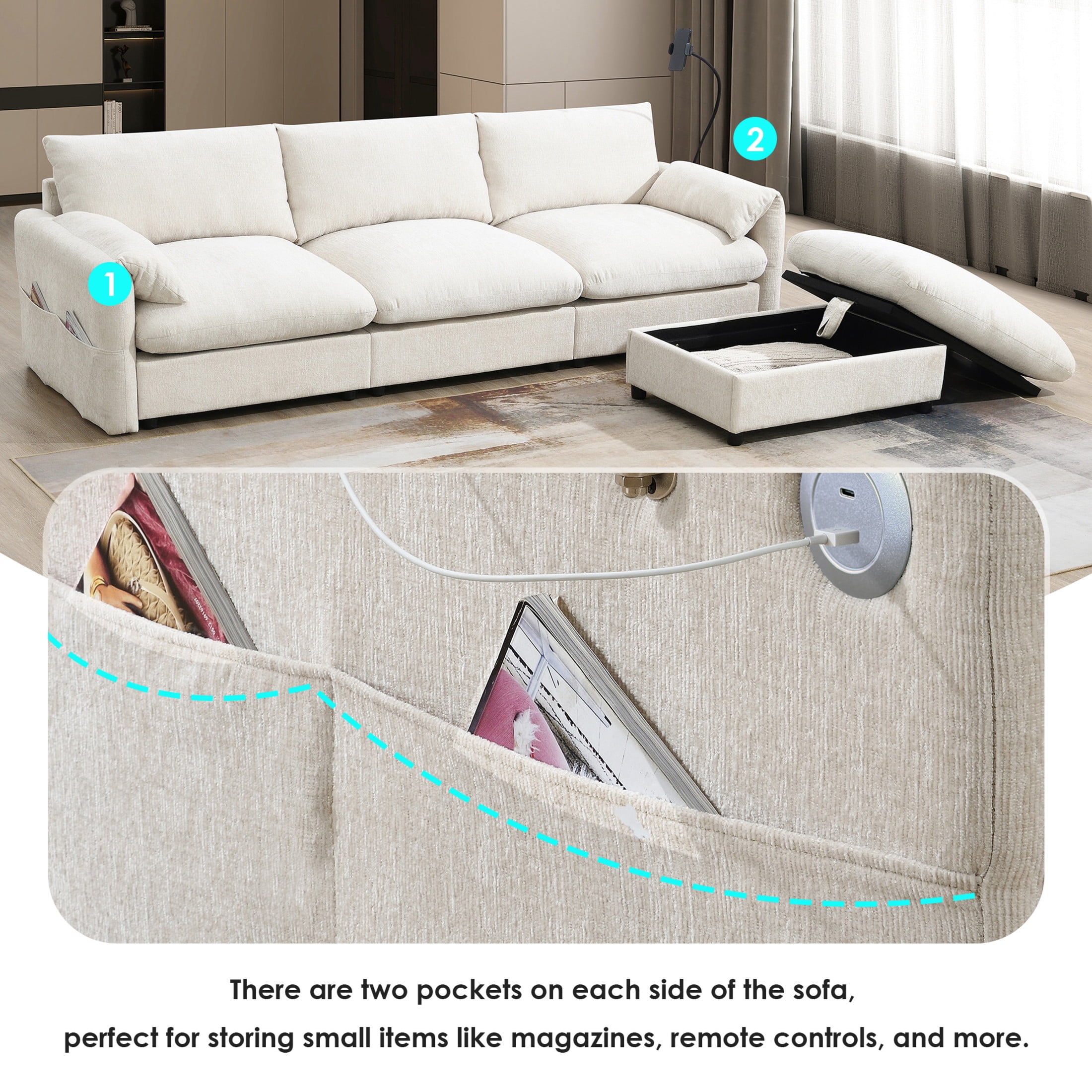 Noble House 96.5" Chenille L-Shaped Sectional Sofa with Storage Ottoman, Charging Ports, and Phone Holder, Beige