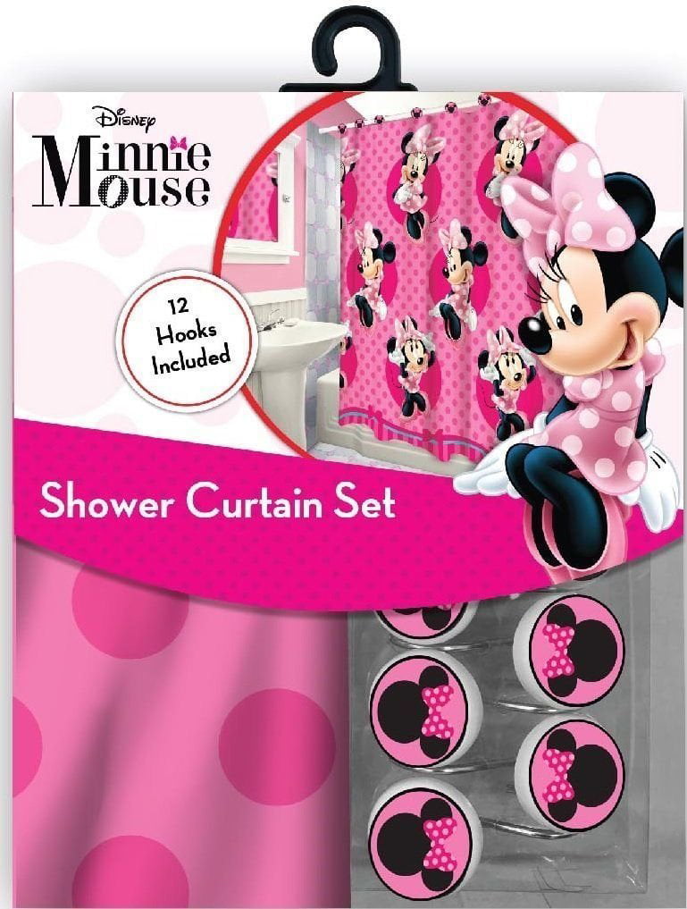 Disney Minnie Mouse Shower Curtain and 12 Polka Dot Bow Hooks Set 70”x 72” for sale online 