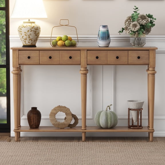 59" Retro Console Table, Wood Entryway Display Desk with 4 Drawers and Open Storage Shelf, Narrow Long Sofa Table Behind Couch for Living Room,Hallway