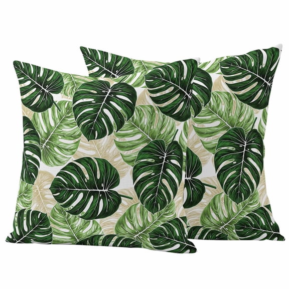 Palm Leaf Outdoor Waterproof Pillow Covers, Tropical Plant Country Green Summer Decorative Square Throw Pillowcase Sofa Cushion Sham for Patio/Couch/Chair, 26"x26" 2 Pack
