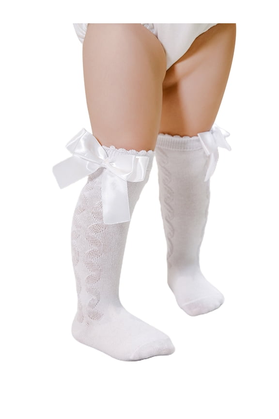 Baby Girls Knee High Socks, Cable Knit Cotton Socks with Bow