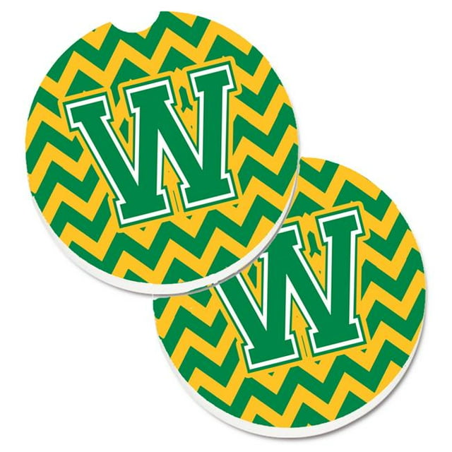Letter W Chevron Green & Gold Set of 2 Cup Holder Car Coaster