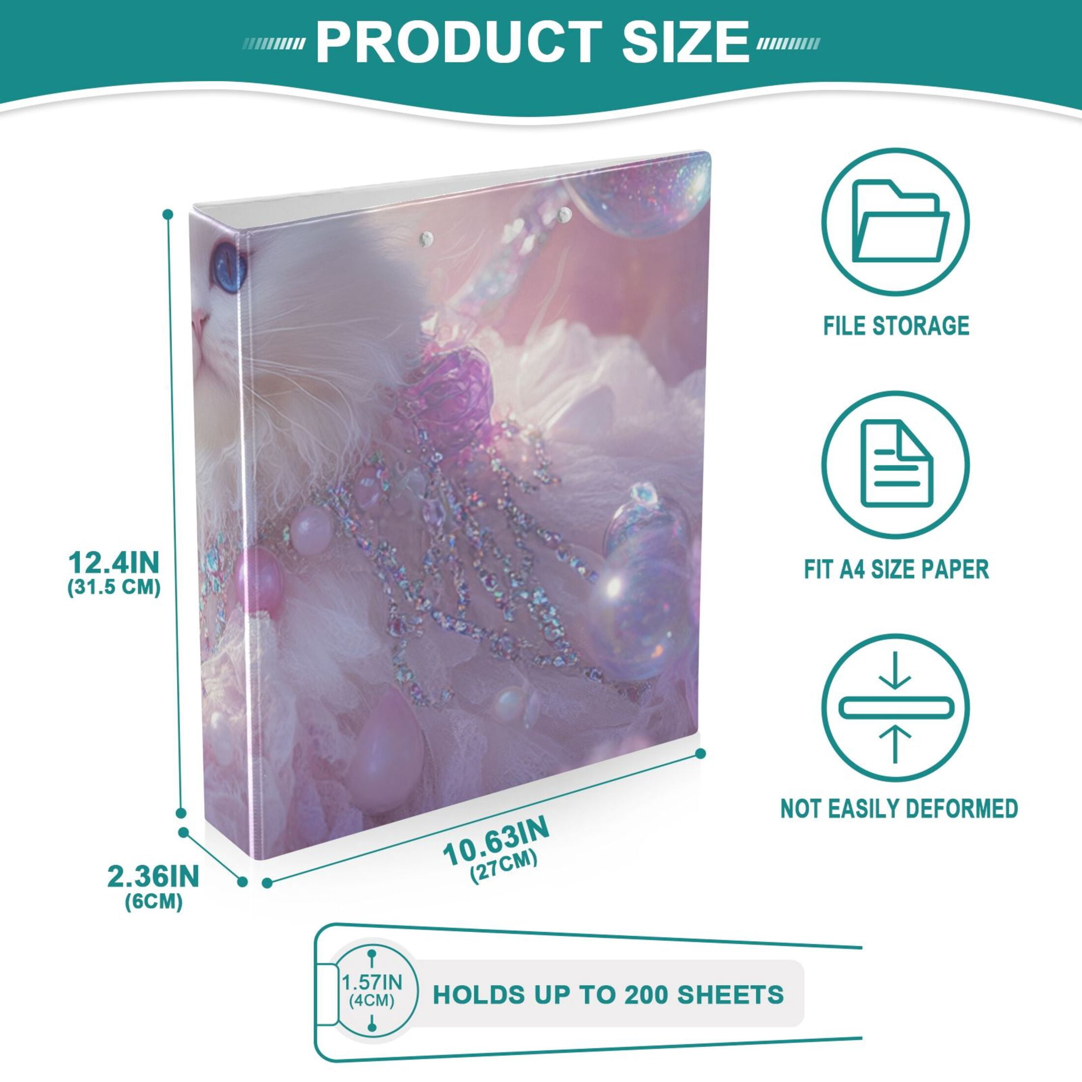 White Cat Bubbles 3 Ring Binders 1.5 inch Hardcover File Folders with Interior Pockets A4 Size Organizer for School Office Hospital