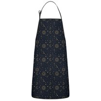 Dark Blue Sun Moon Star Pattern Apron-Garden Aprons for Women with Pockets-Cotton Linen Waterproof Kitchen Cooking Gardening Aprons Adjustable for Kitchen,Cooking,BBQ and Salon 33x27 Inch