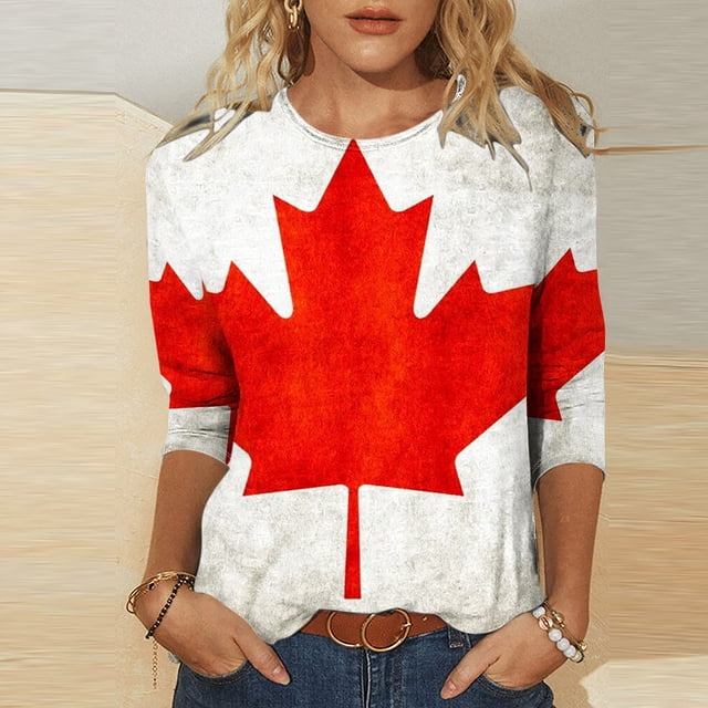 Fiudx Ofertas de La Semana Moda Mujer Canadá Impresión Cuello Redondo Manga 3/4 Camiseta Jersey Blusa Superior