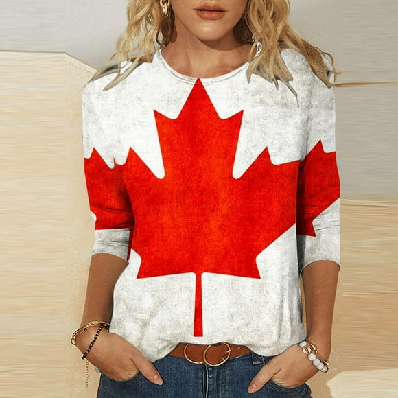 Brnmxoke 3/4 Length Sleeve Maple Leafs Womens Tops Canada Day Summer Tops for Women Crew Neck Blouses Canadian Flag Dressy Casual 2025 Trendy Clothes White,L