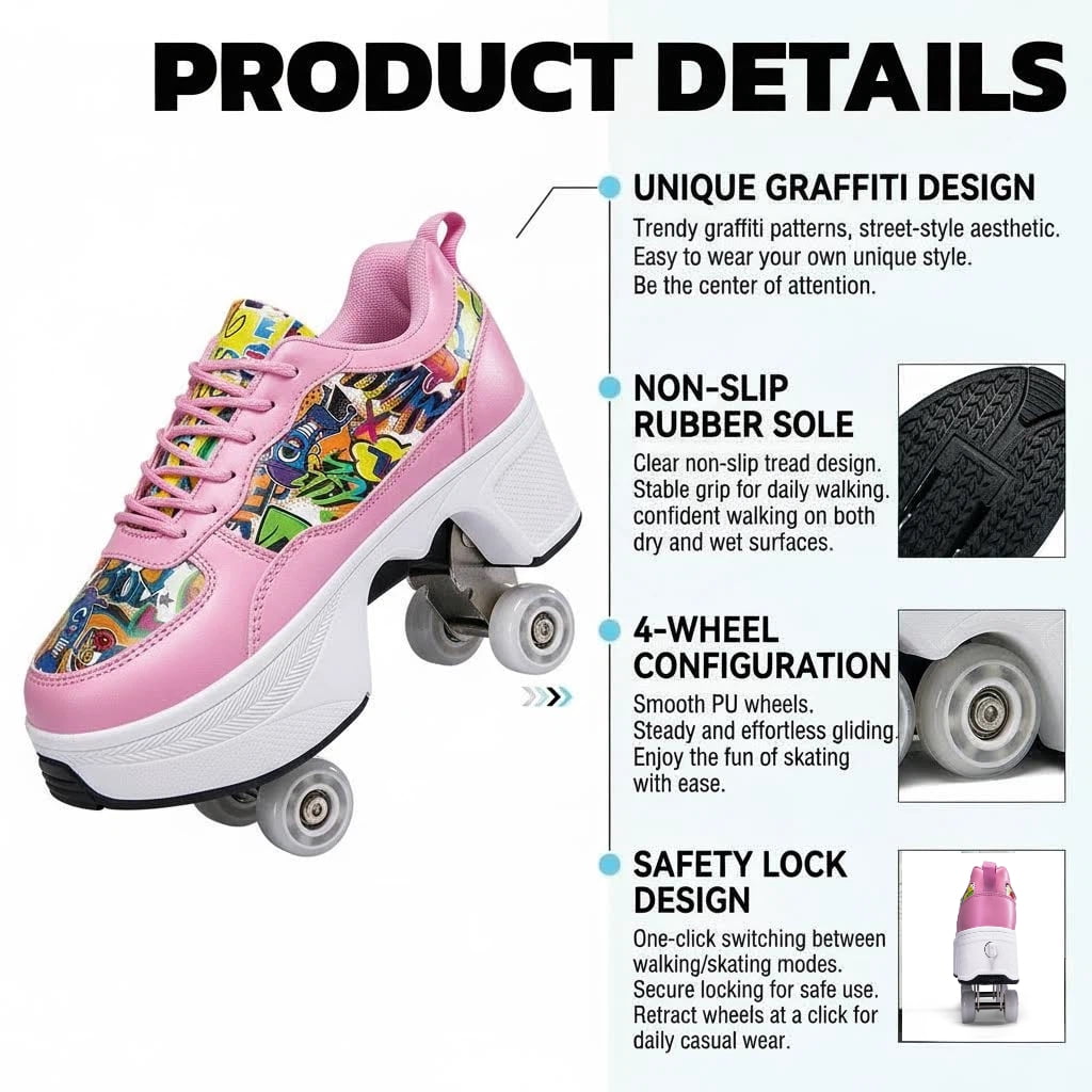 CZV Women's & Teens Graffiti Print Four-Wheel Convertible Roller Skate Shoes,2-in-1 Roller Skates & Sneakers Unisex Retractable Wheels Indoor Outdoor Fun & Fitness Kick Roller Shoes