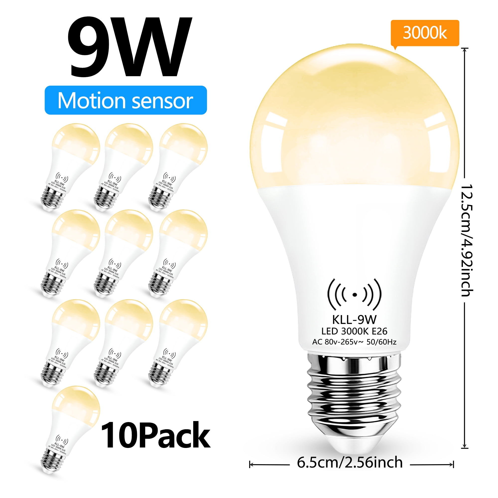 Dusk to Dawn Light Bulbs 9W (80W Equivalent) Auto On Off Bulb 3000K Warm White 800 LM,E26 Base Motion Sensor Light Bulb for Indoor Outdoor,10 Pack