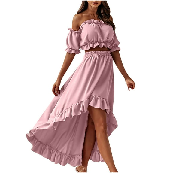 Ichuanyi Womens Shirts , Women Solid One-shoulder Tube Tops Short Skirt Two-piece Dress Tops Skirt