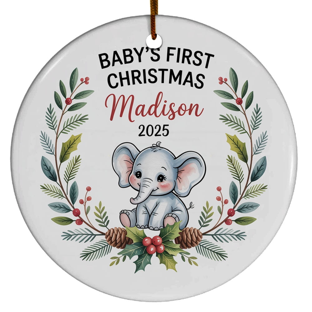 Elephant Baby Boy Girl 1st Christmas Ornaments Gift for New Dad Mom, Christmas Ornaments Elephant Baby's First 2025, Custom Name Text Elephant Christmas Ornament