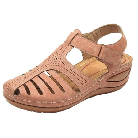 

Cathalem Thick Sole Sandals For Women Soft Leather Closed Toe Vintage Anti Slip Sandals Thick Sole Shoes Hollow Sandals Pink 40