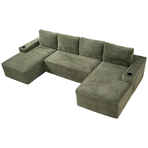 Arouseden Green Modular Sectional Couch,U Shaped Cloud Couch Sectional Sofa with Cup Holders,Oversized Boneless Couch with Deep Seat Chaise for Living Room