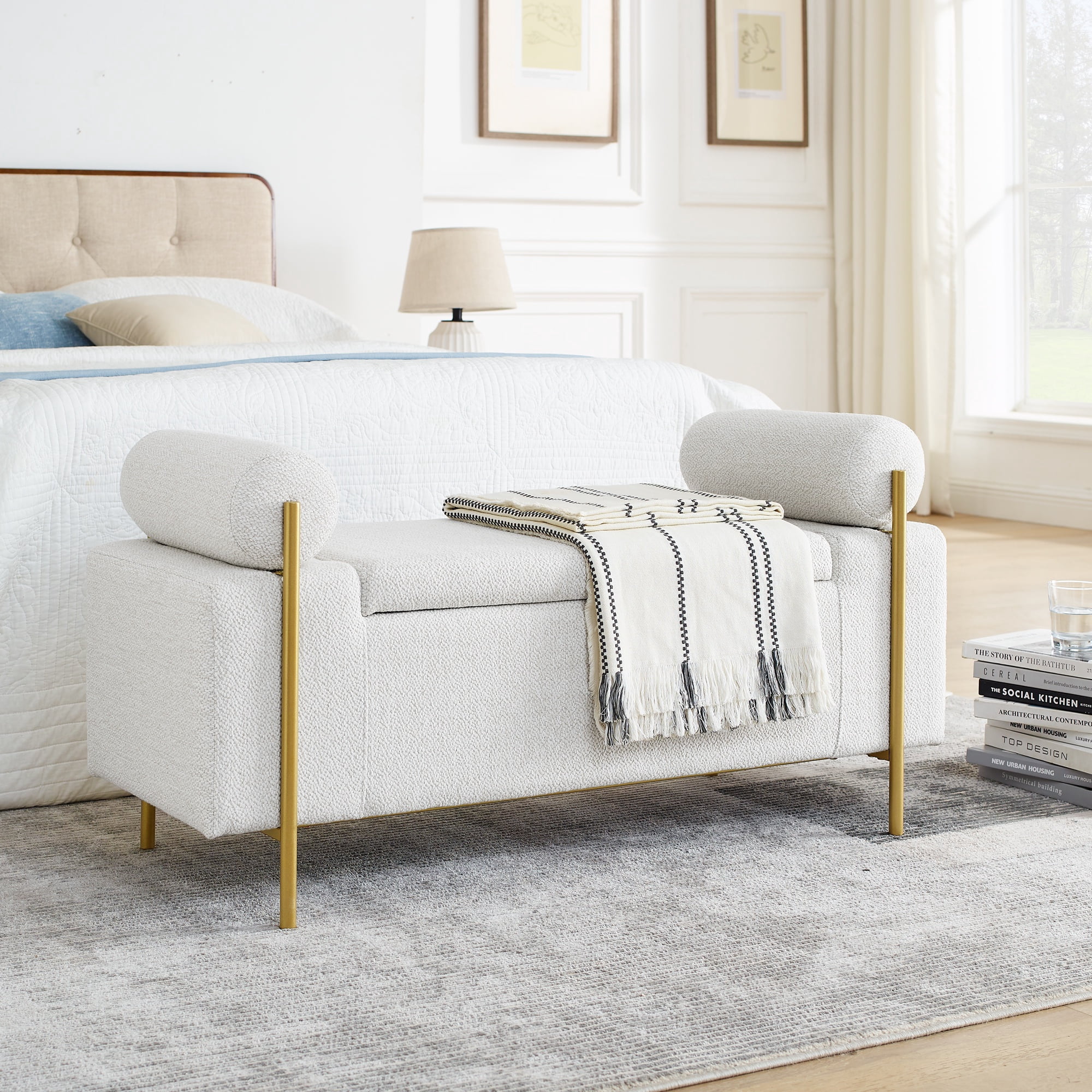 PORKISS 44” Storage Bench, Linen Upholstered Storage Ottoman with Metal Legs, Modern Long End of Bed Seat with Cylindrical Arms for Living Room, Bedroom, Entryway, White