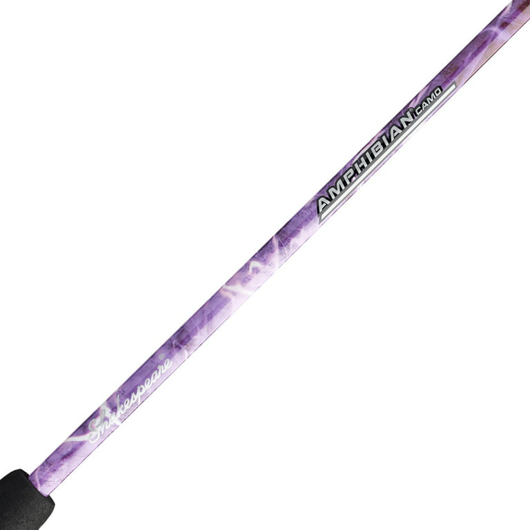 Shakespeare AMPCAMSPPCBO Amphibian Purple Aqua Camo Spin Combo 30sz Reel  5.2:1 RatioPer-Spooled 6lb w/Glass Rod EVA Handle 5'6 2pc Med