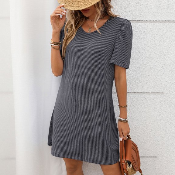 Pejock Mini Dress for Women 2025 Women's Casual Stripe Summer Short Sleeve Round-Neck Dress