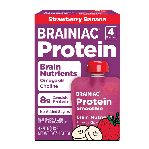Brainiac Protein Smoothies with Omega-3s, Strawberry Banana, No Sugar Added, 4 oz, 4ct