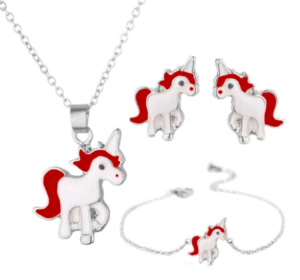 Silvertone Anti-Tarnish Unicorn Jewelry Set Necklace Earrings Bracelet Jewelry 157-DPUS
