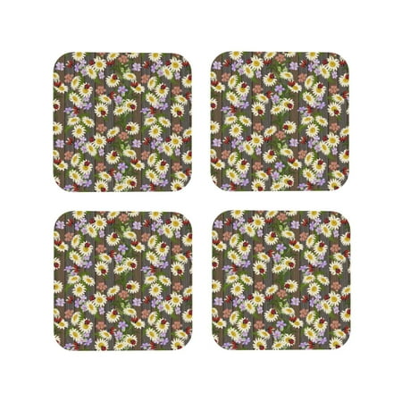 

Tideii Ladybugs And Flowers On A Wooden for Leather Coasters 4 Pieces Anti-fouling and Anti-scalding Decorative Coasters Suitable for Restaurants Kitchens Coffee Shops-Square
