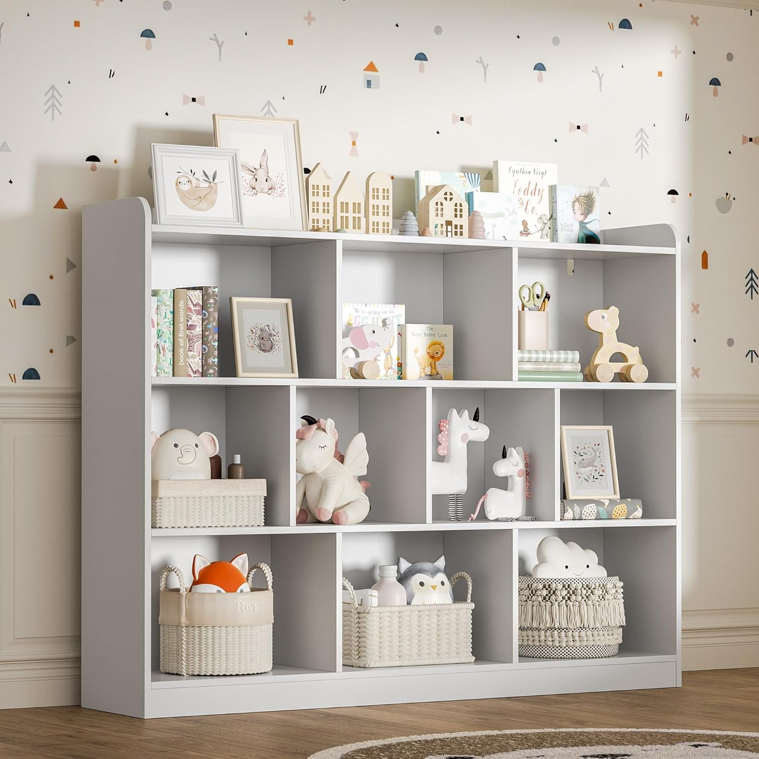 DIYART White Wood Bookcase with 3 Tier Open Shelves, 10-Cube Storage Shelf, 55.1" W x 42.5" H