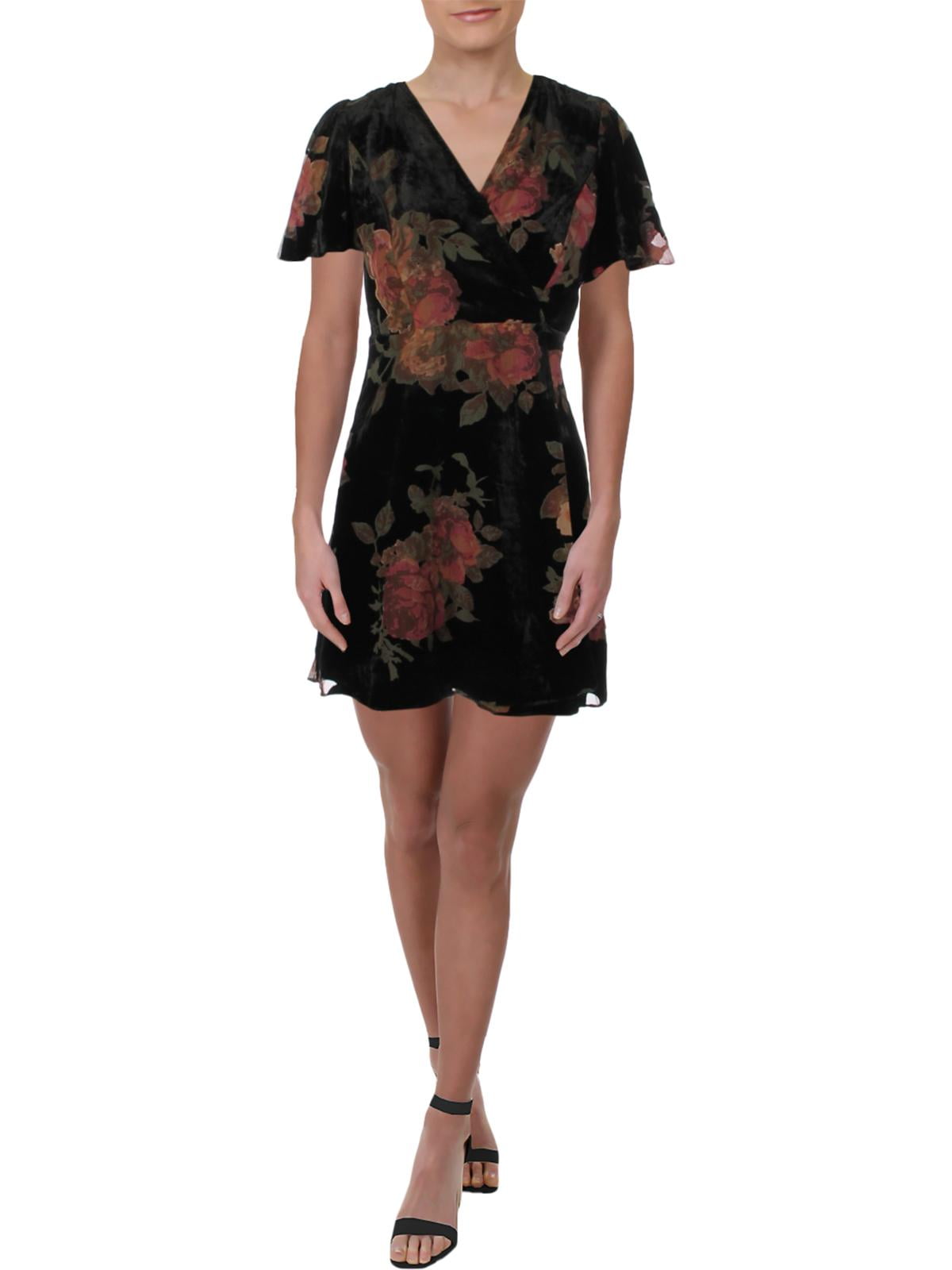 AQUA Aqua Womens Velvet Floral Wrap Dress Black S