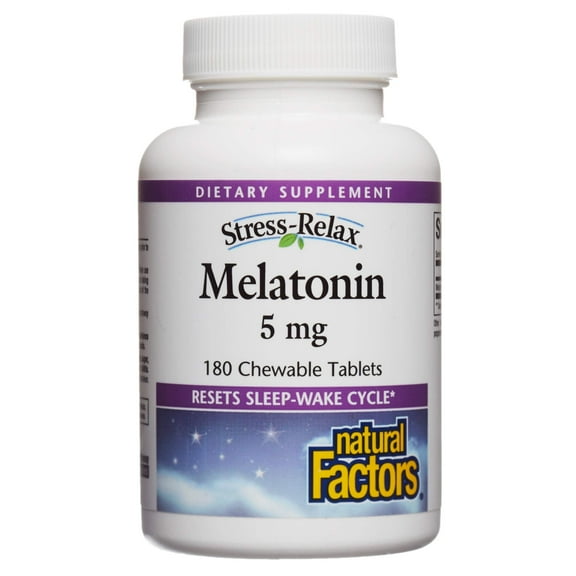 Natural Factors Stress-Relax Melatonin 5 mg, Resets the Sleep-Wake Cycle, Peppermint, 180 Chewable Tablets