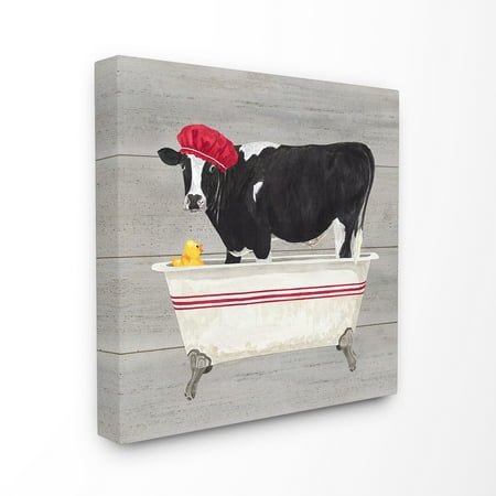 The Stupell Home Decor Collection Bath Time For Cows at Tub Red Black and Grey Painting Stretched Canvas Wall Art, 17 x 1.5 x