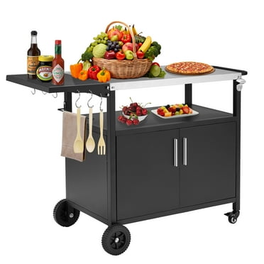 Outdoor Grill Cart with Storage Cabinet Movable Pizza Oven Table Bar Cart Patio BBQ Kitchen Food Prep Table Cart Storage Cabinet for Outside Patio Backyard Garden