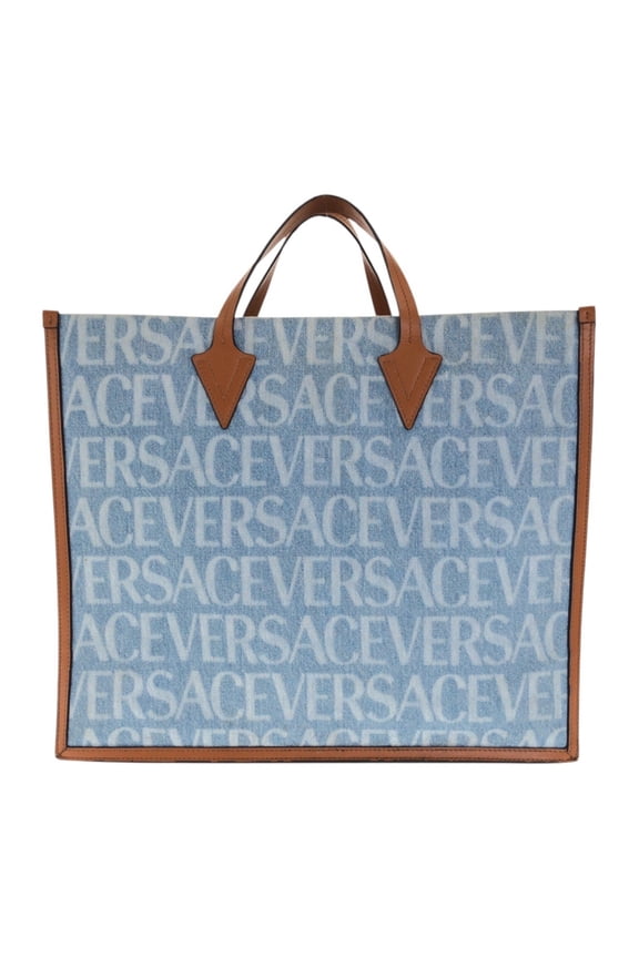 Pre-Owned VERSACE All-Over Denim Blue and Brown Canvas Tote Bag 1008913 Women's Handbag