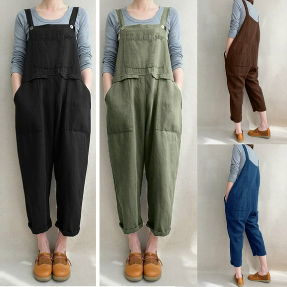 AGWOLF Linen Overalls for Women Casual Summer Wide Leg Bib Pants Baggy Sleeveless Jumpsuits with Pockets Comfy Rompers